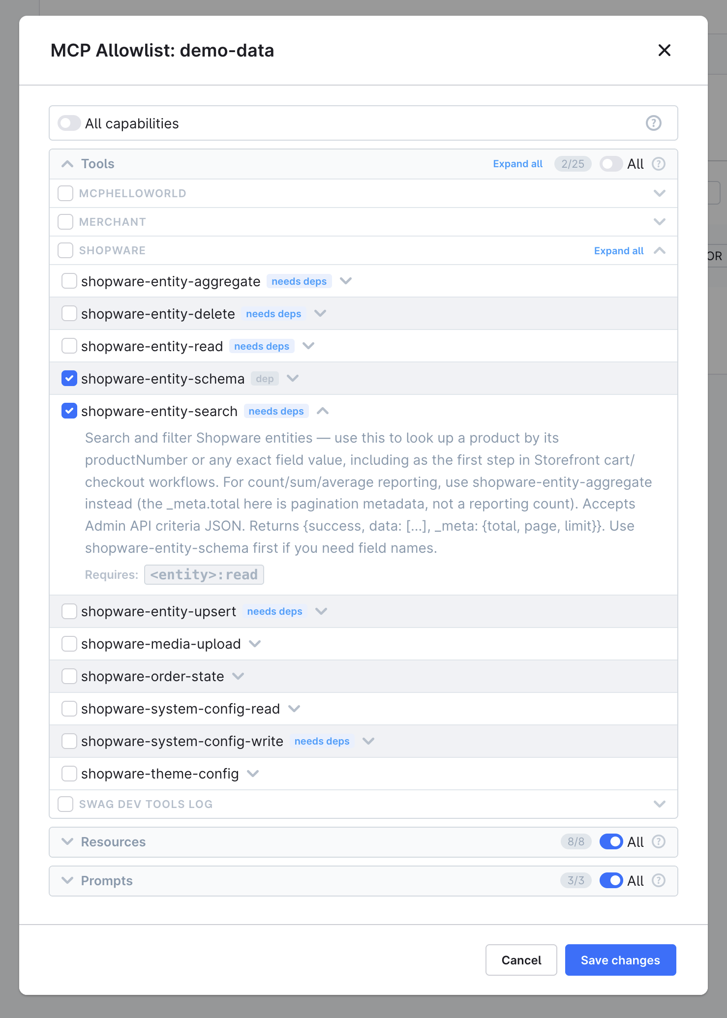 Capability selection modal